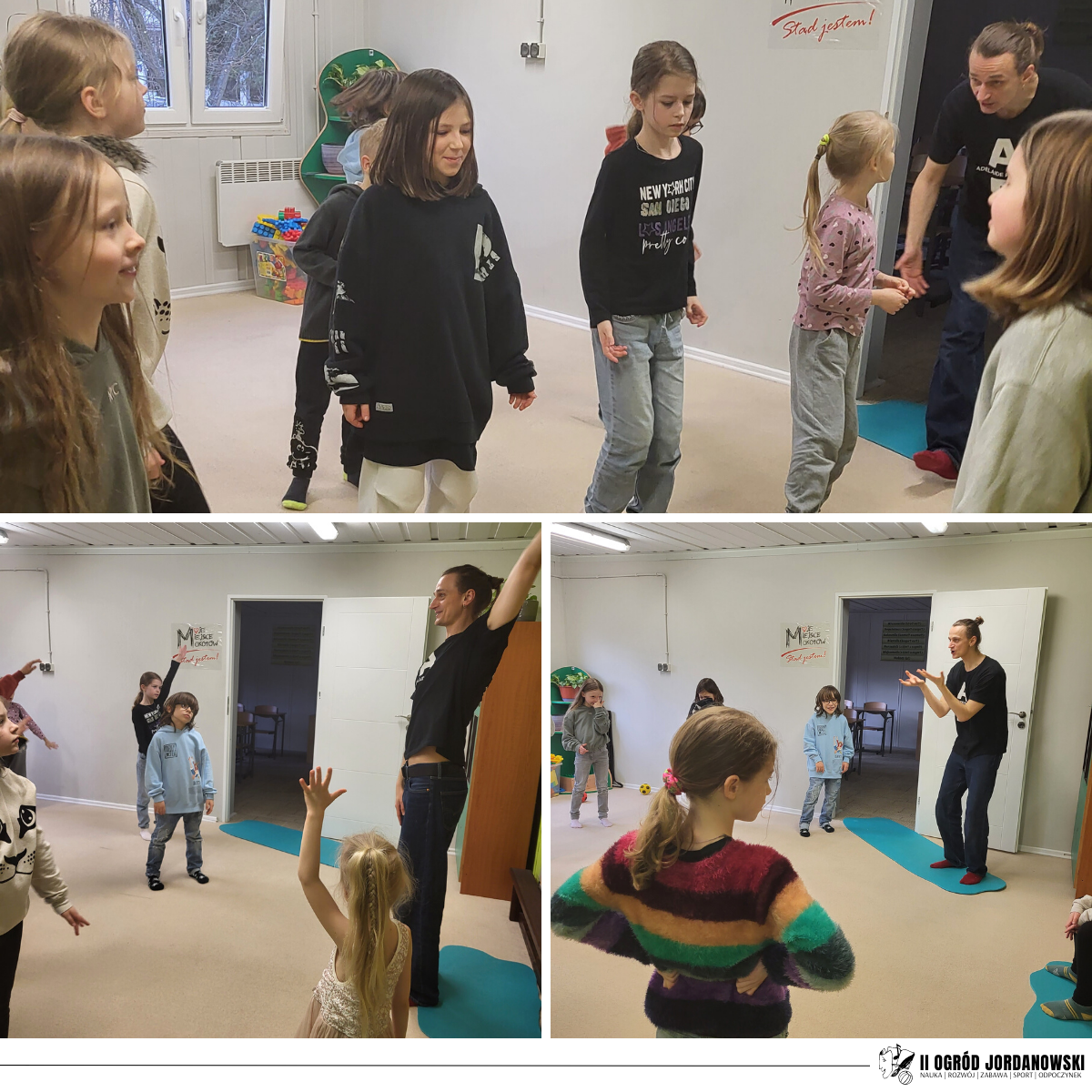 Grupa dzieci podczas aktywności na warsztatach ruchowych