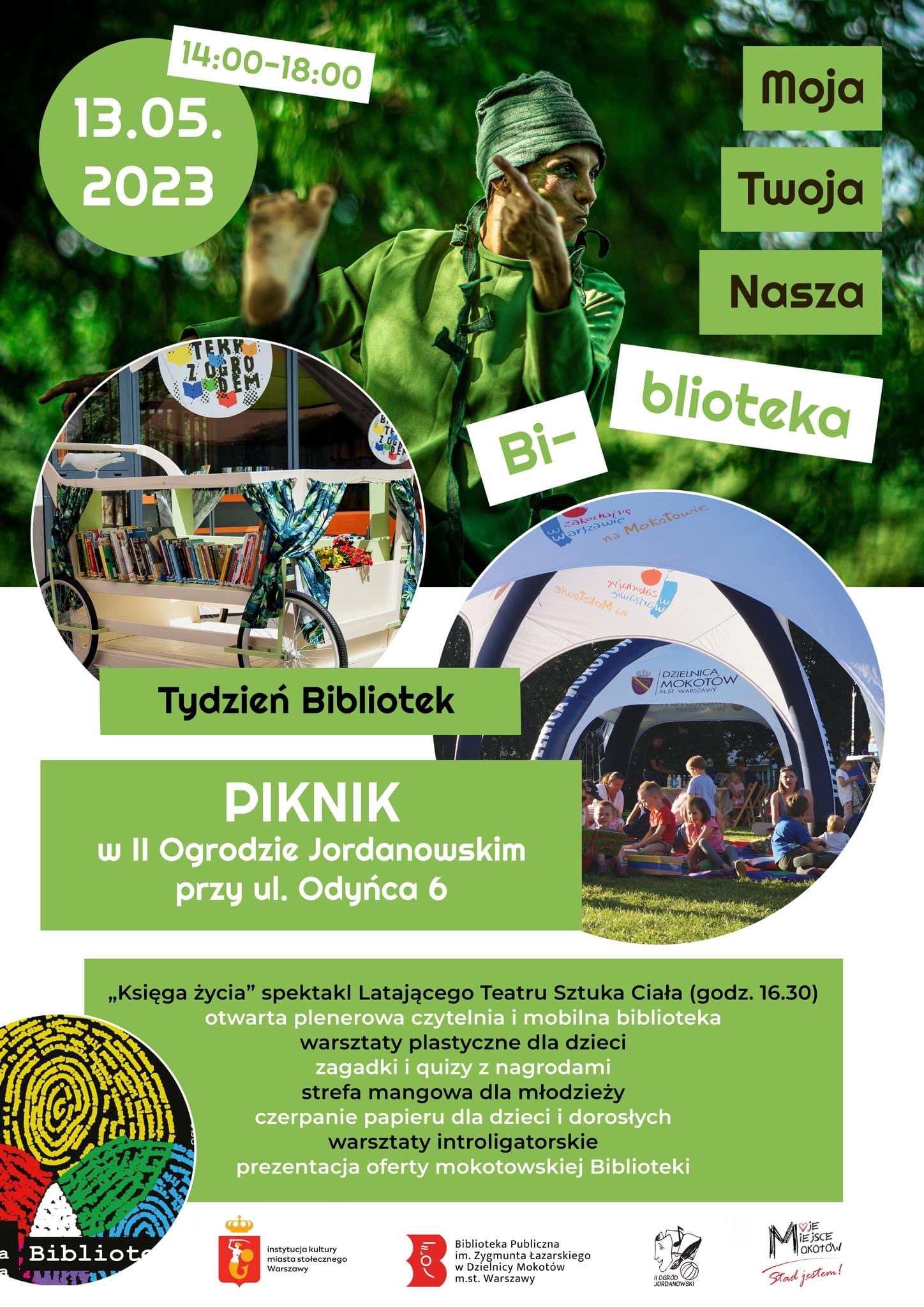 Plakat promujący piknik w II Ogrodzie Jordanowskim z okazji Ogólnopolskiego Tygodnia Bibliotek