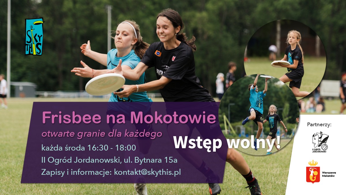 Plakat z informacją o bezpłatnych zajęciach frisbee na Mokotowie