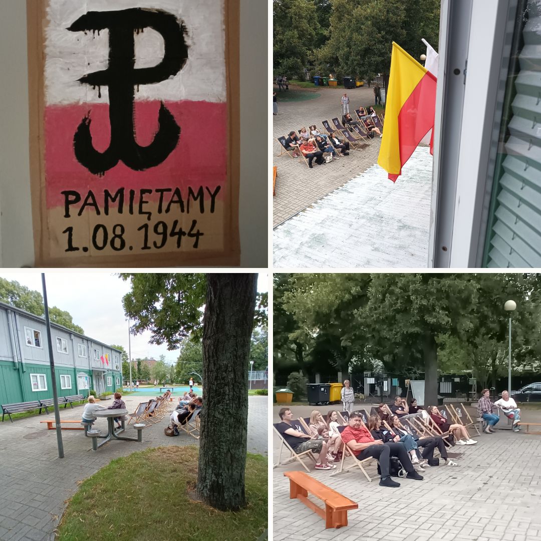 Widownia spektaklu zgromadzona przed budynkiem II Ogrodu Jordanowskiego.