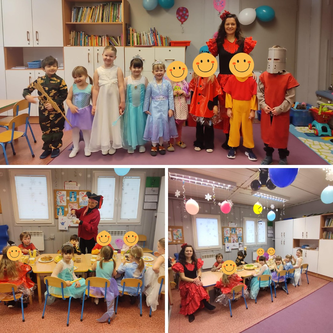 Przedszkolaki wraz z wychowawcami bawią się w swoich balowych przebraniach podczas balu karnawałowego