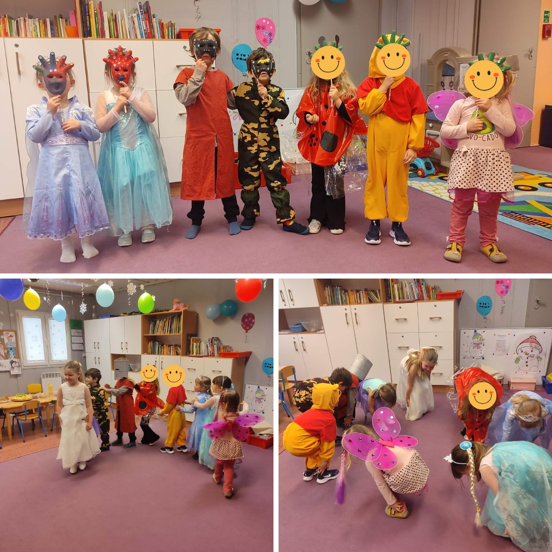 Przedszkolaki wraz z wychowawcami bawią się w swoich balowych przebraniach podczas balu karnawałowego
