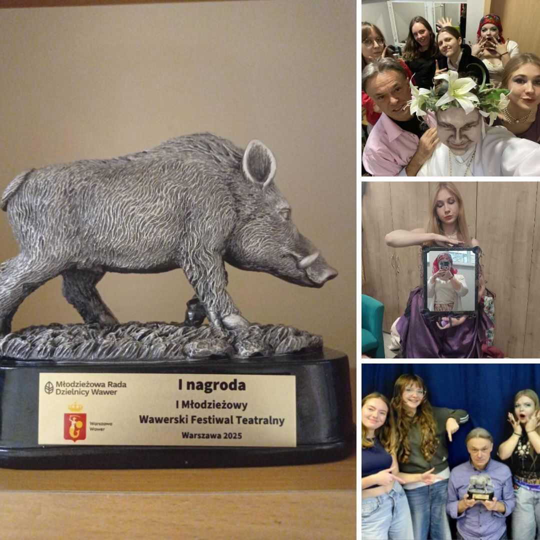 Wychowankowie Pana Roberta Samota podczas przygotowań do spektaklu oraz po - ze statuetkami