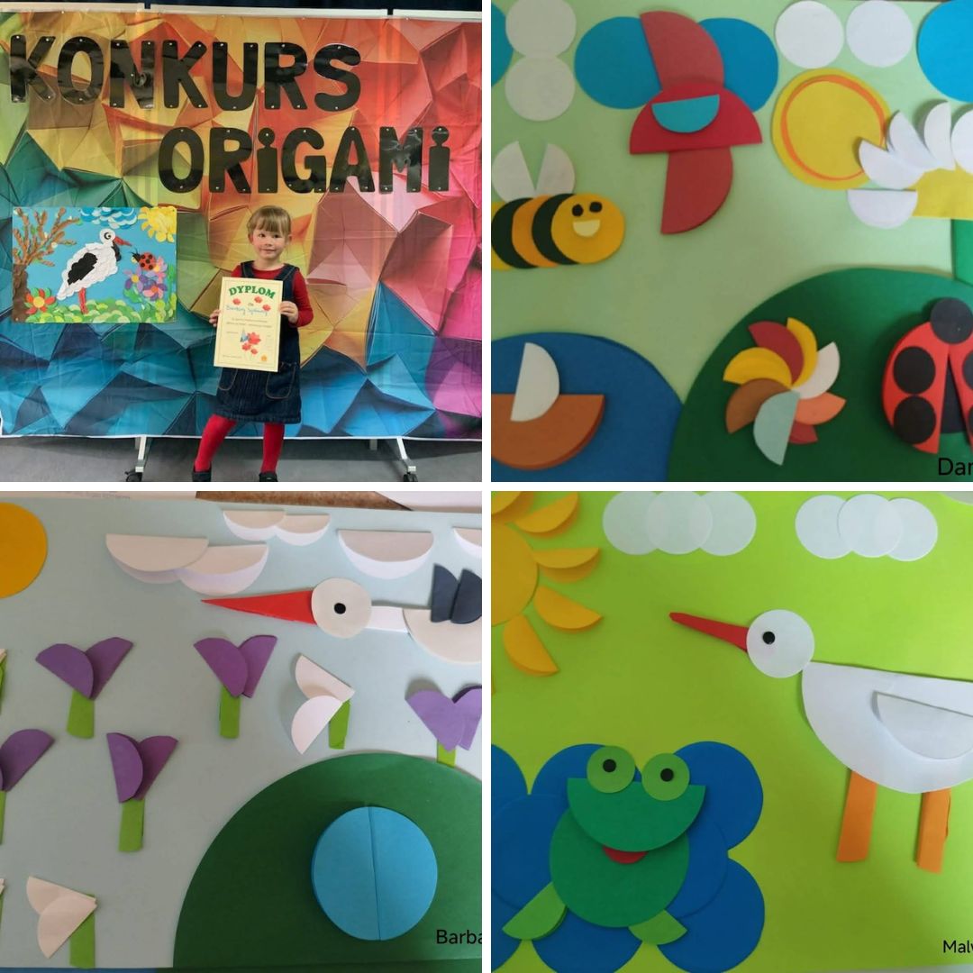 Kolaż ze zdjęć: Wychowanka ogrodu na tle tablicy konkursowej, nagrodzone prace origami