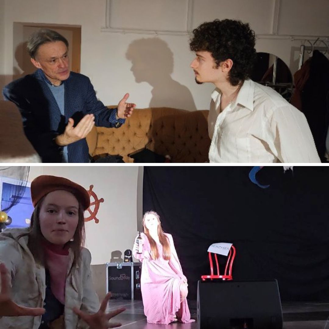 Wychowankowie zajęć teatralnych podczas prób i występów.