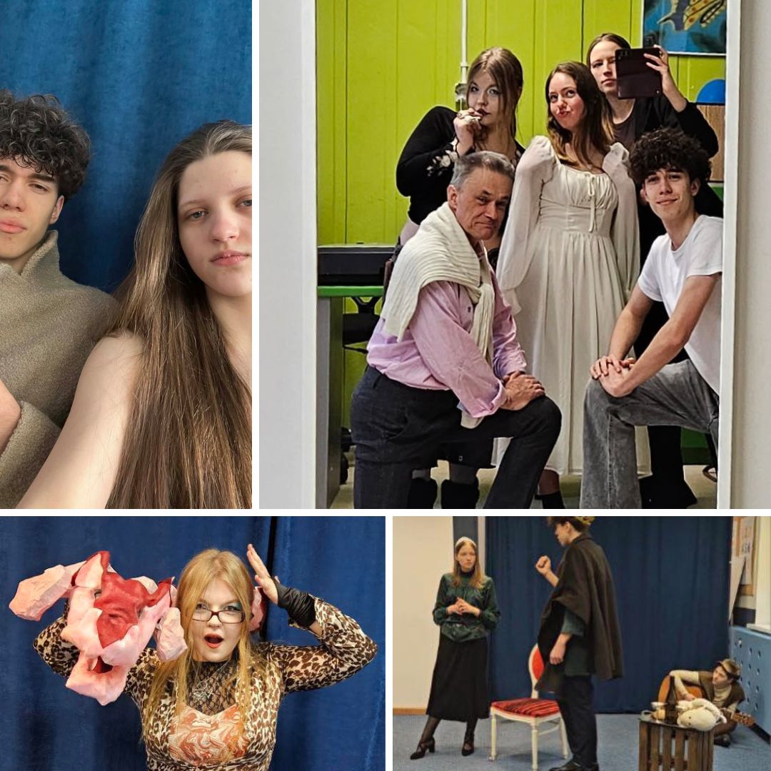 Zdjęcia z prób wychowanków Teatru Żywego Słowa wraz z prowadzącym zajęcia wychowawcą.