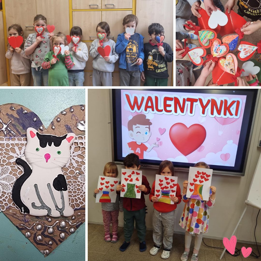 Wychowankowie Jordankowa pozują ze swoimi pracami. Dwa kafelki przedstawiają same prace kreatywne dzieci.