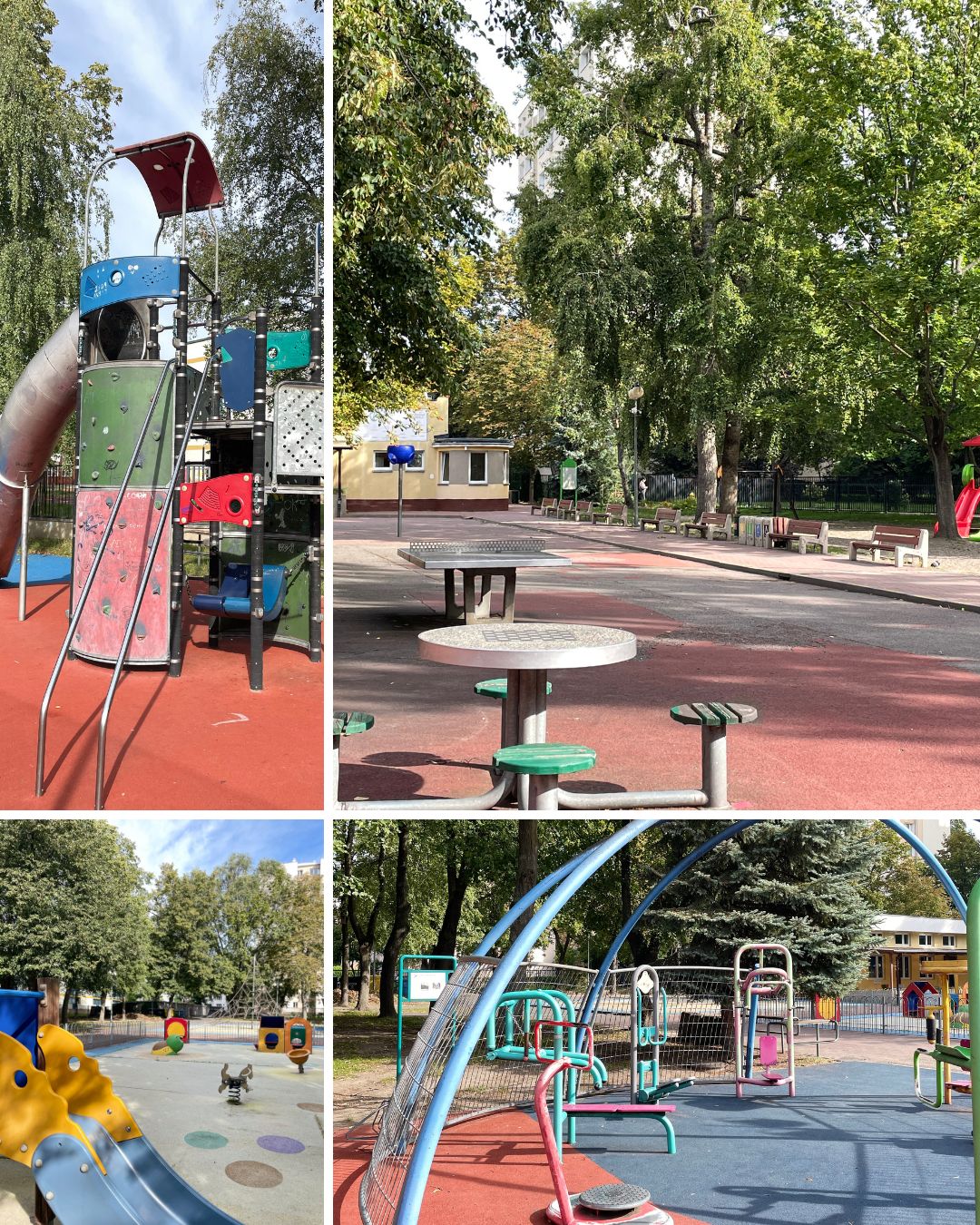 Place zabaw w II Ogrodzie Jordanowskim przy ul. Bytnara 15a - od lewego górnego roku: zjeżdżalnia dla starszych dzieci, część terenu ze stolikami szachowymi, część placu dla małych dzieci, siłownia plenerowa.